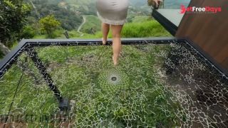 chubby secretary in satin dress has sex with boss on public balcony