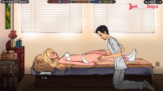 Horny masseur caresses sweet blondes clit