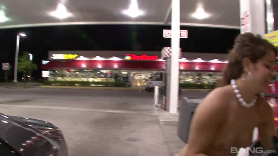 Brunette Fills Her Car Up At The Gas Station Topless, For Everyone To See Public!