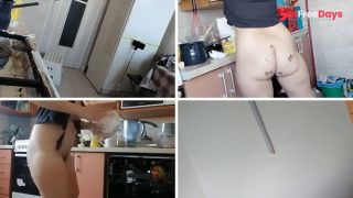 Brunette hairy pussy, big tits, big ass. Sexy wife in the kitchen naked.
