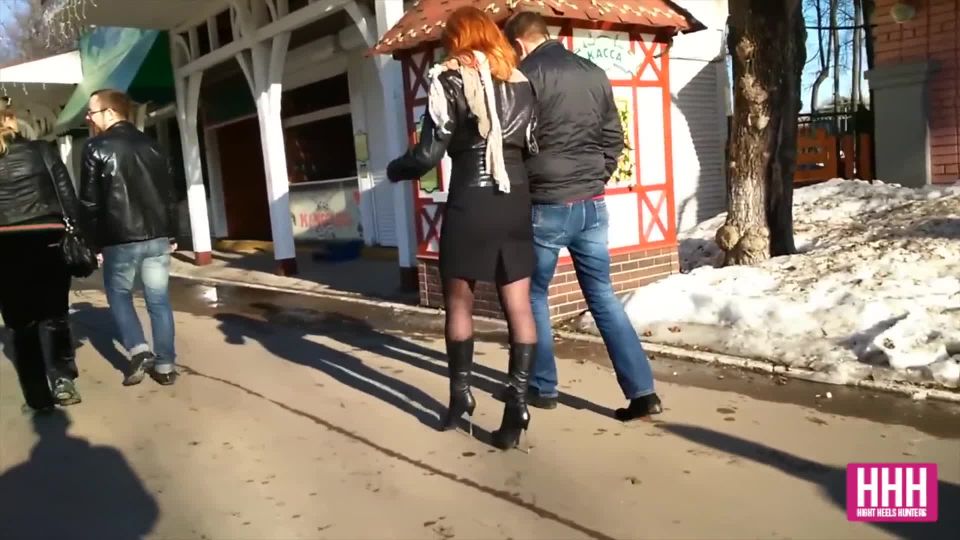 White bitch in short skirt on high heels caught on hidden cra with boy ... voyeur 