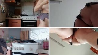 Chubby Latina Amateur wife prepares breakfast naked, hairy pussy, big tits.