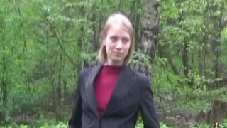 Cute blonde Minerva shows tits and cunt in the  woods