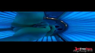 Masturbating my pussy to orgasm in a PUBLIC SOLARIUM. Wet pussy of slender MILF with BIG TITS