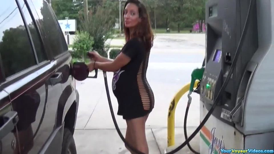 Pregnant wife gas station flashing