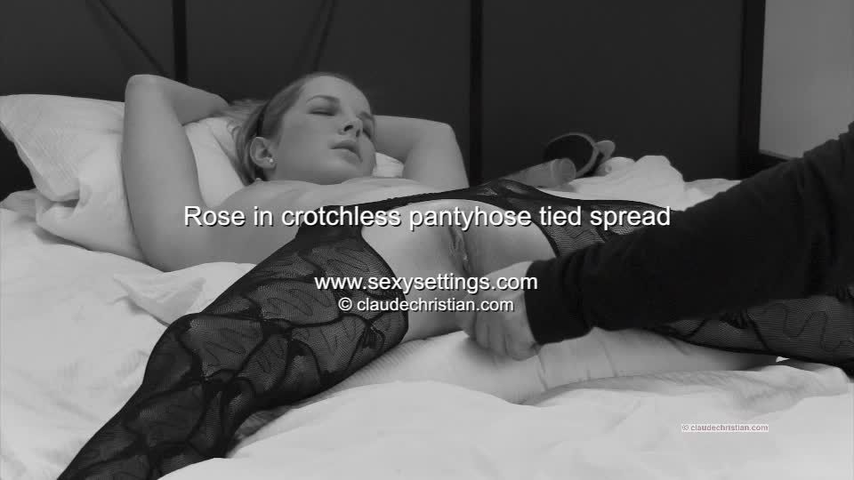 Rose - in crotchless pantyhose tied spread clitoris stimulation - BDSM