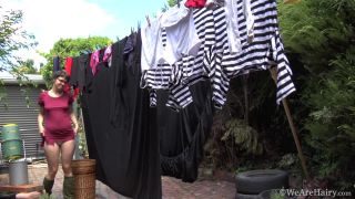 Lovely Mona hangs laundry and gives interview Hairy!