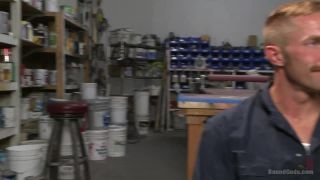 Cocky businessman bound and fucked in the metal shop Gay!