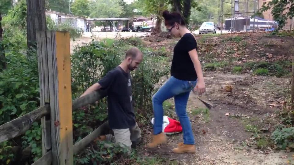 Outdoors repeated and nonstop balls kicking in jeans Sex...