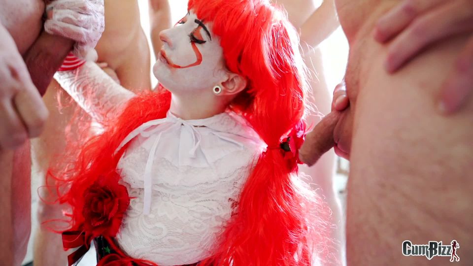 Halloween clown swallows big cumshots Bukkake!