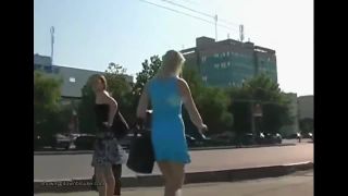 Blonde girl from somewhere in Russia get on the bus without knickers
