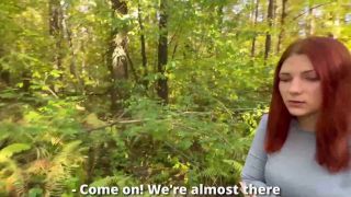 Warm up a redhead with big tits in the forest