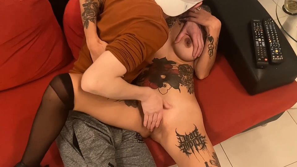 Skinny Tattooed Girl Eats Two Good Dicks And We Finish Her Whole Face