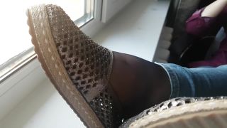 Shoe fetish – Rina Foxxy – black nylon, feet flats tease - pantyhose porn - femdom porn erotic fetish