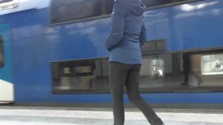Cameltoe and dildo fucking on a public train