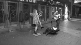 Upskirt after dancing next to a street musician