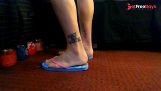 Flip Flop Fetish Blue Candy Covered Flipflops Slim Pink Strap Standing Shoeplaying