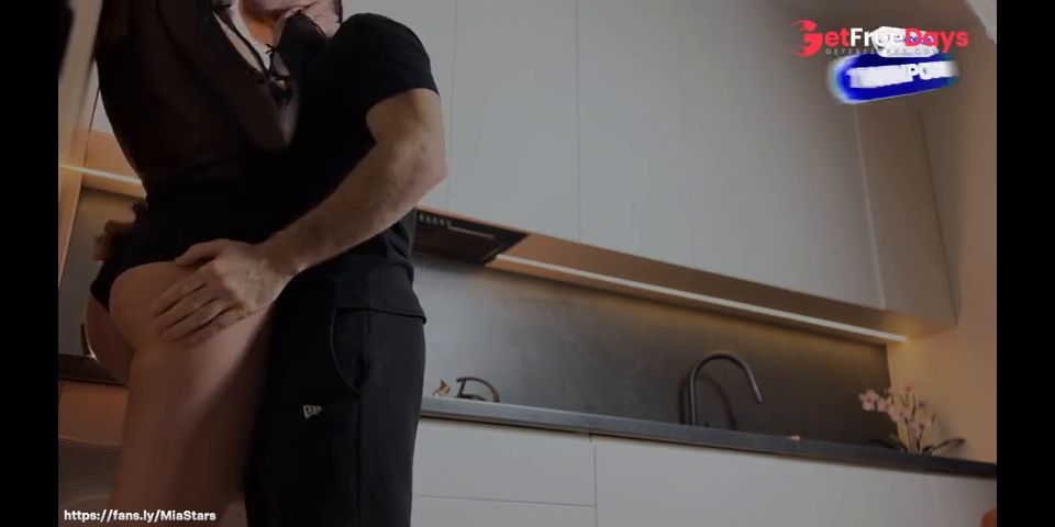 Beautiful romantic sex in the kitchen with a huge amount of sperm.