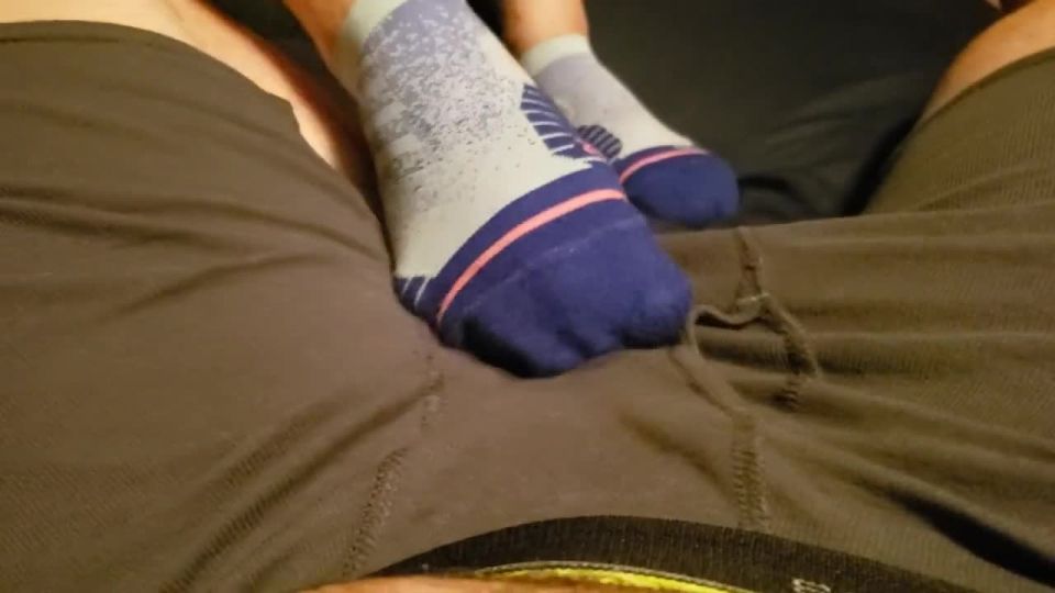 xxx video 34 femdom sissy cuckold POV fucking and cumshot on blue running socks, big dick on toys