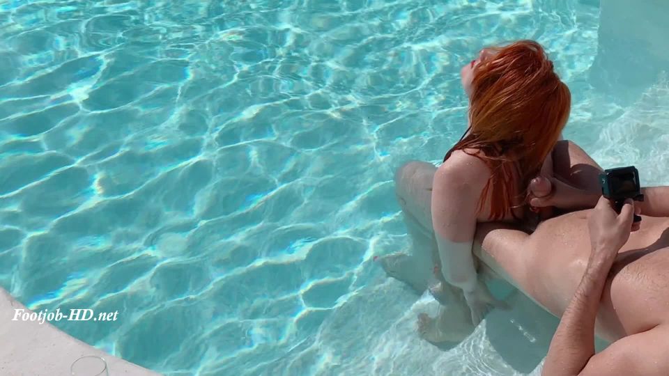 Redhead Poolside Hairjob and Footjob