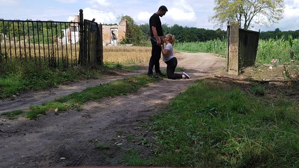 Risky public blowjob near ruined factory