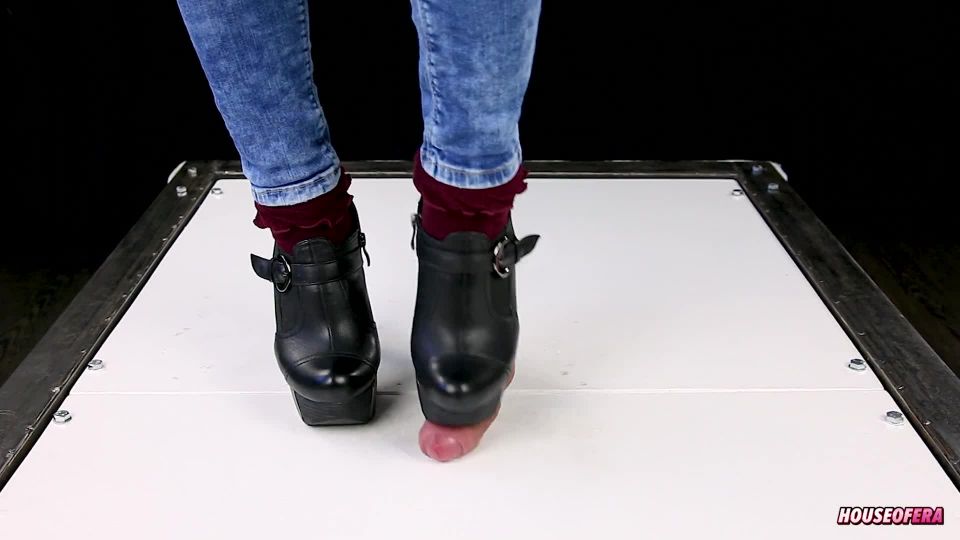 Ballbusting cock trampling and CBT in high heel boots Shoejob Sockjob POV