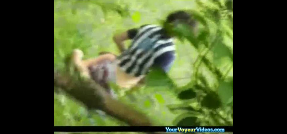 Voyeur hidden in the bushes catches teen couple fucking