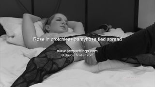 Rose in crotchless pantyhose tied spread clitoris  stimulation
